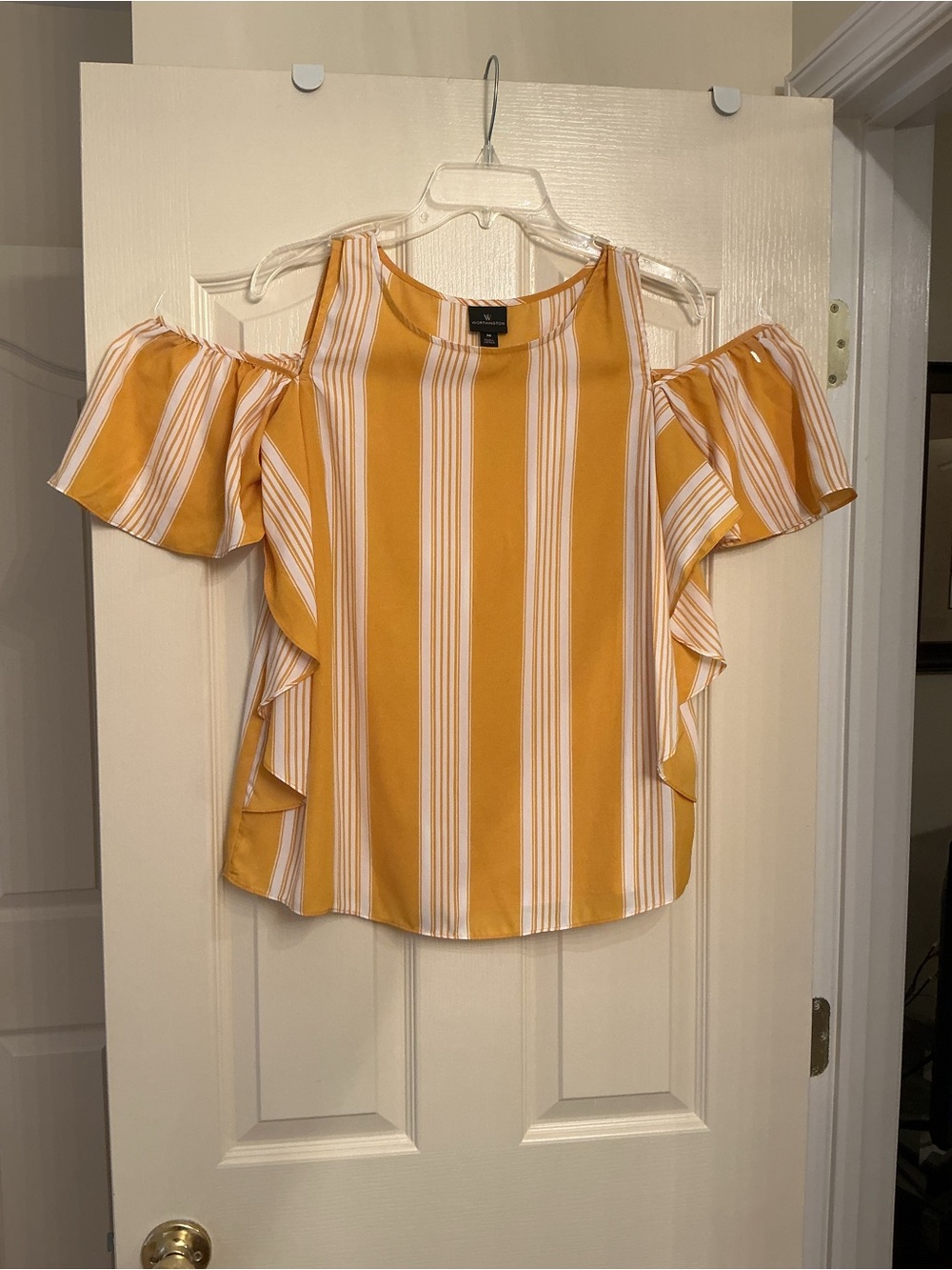 Worthington Mustard and White Striped Cold-Shoulder Blouse
